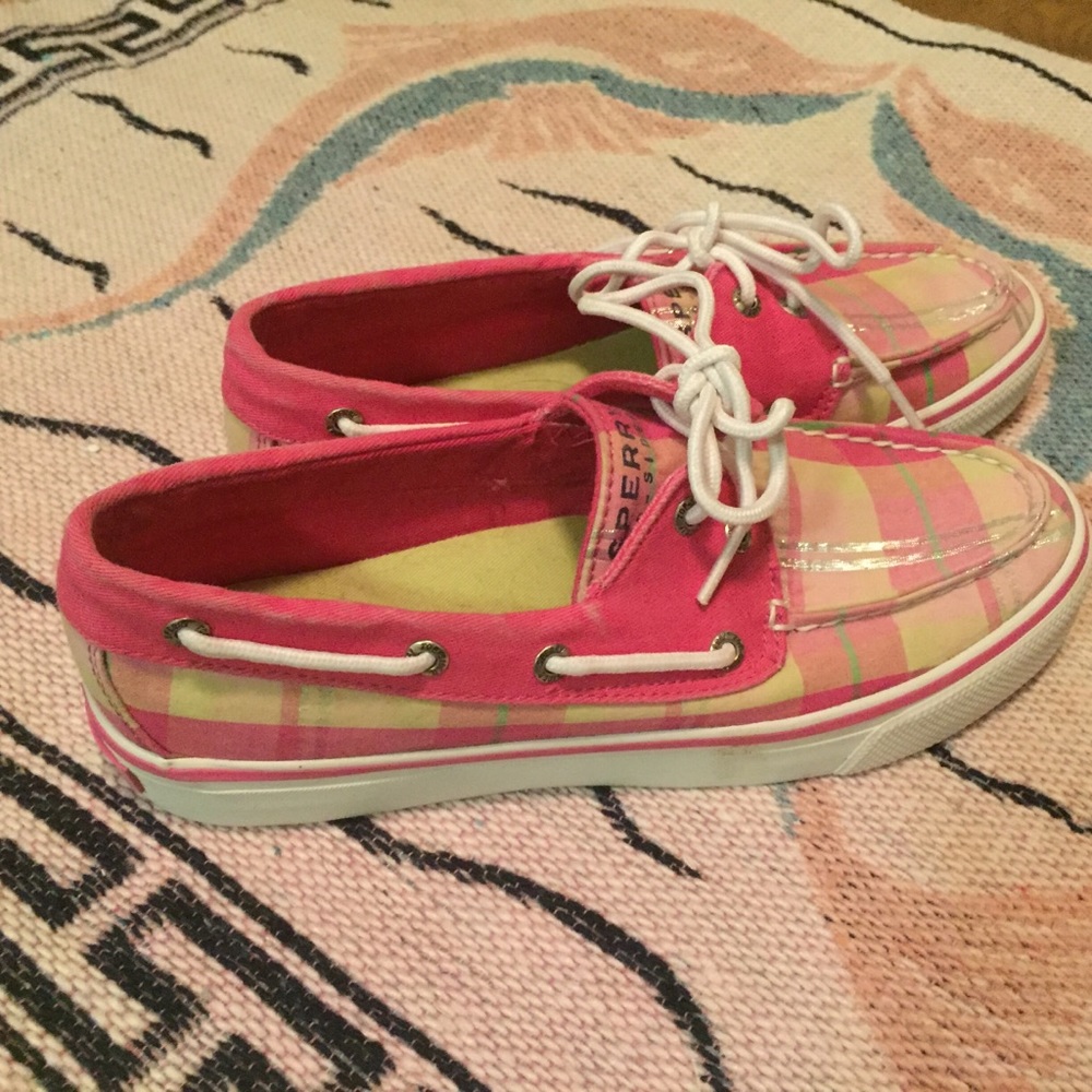 Sperry Topsiders, pink, yellow, metallic size 6.5